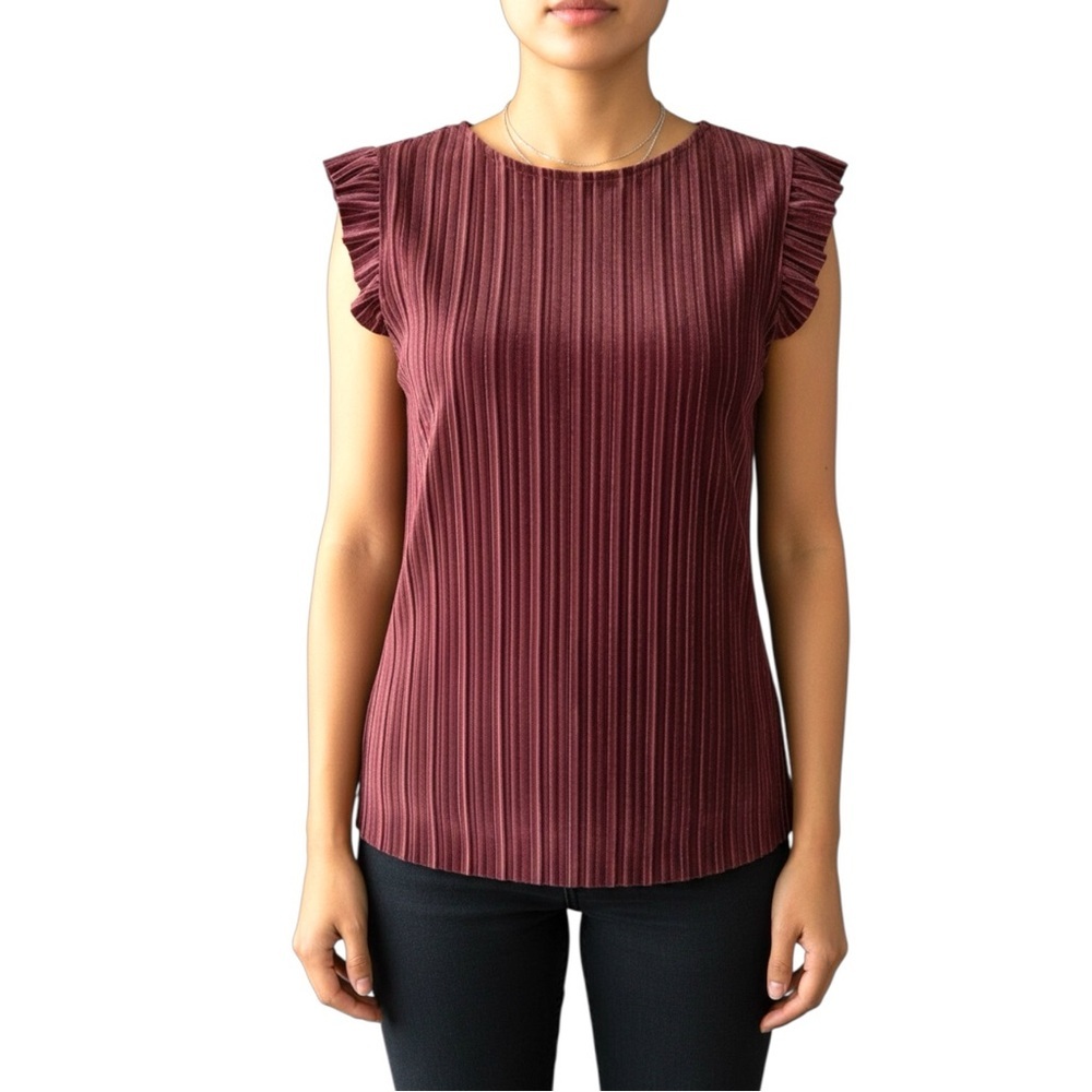 Worthington Medium Burgundy Velvet Pleated Ruffle Flutter Sleeve Blouse Top